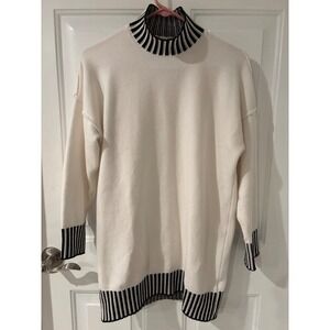 PULLOCARDI‎ Womens White Black Striped Mock Neck Oversized Tunic Sweater Small